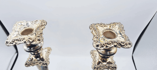 Antique Pair of Very Ornate Silver Plate Candlesticks - Image 3