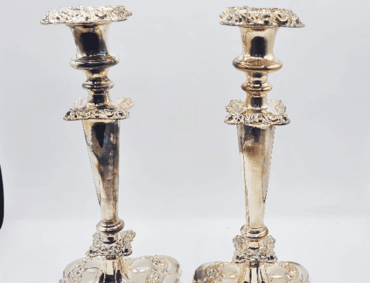 Antique Pair of Very Ornate Silver Plate Candlesticks - Image 2