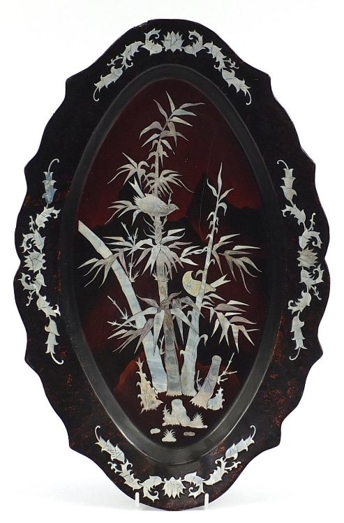 Antique Chinese Mother Of Pearl Lacquered Oval Tray
