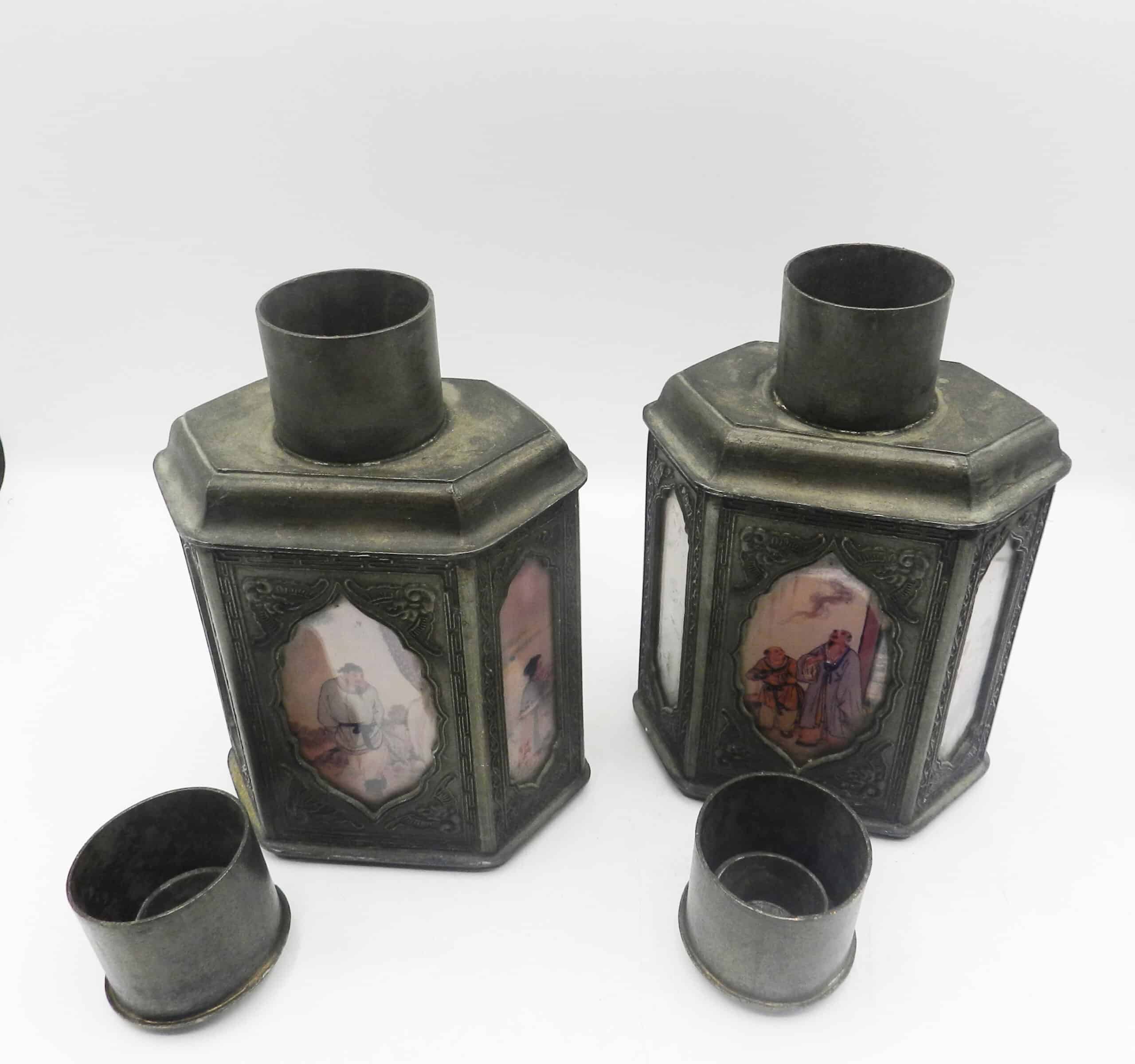 Pair Of Antique Chinese Pewter Reverse Glass Painted Tea Caddies - Image 4