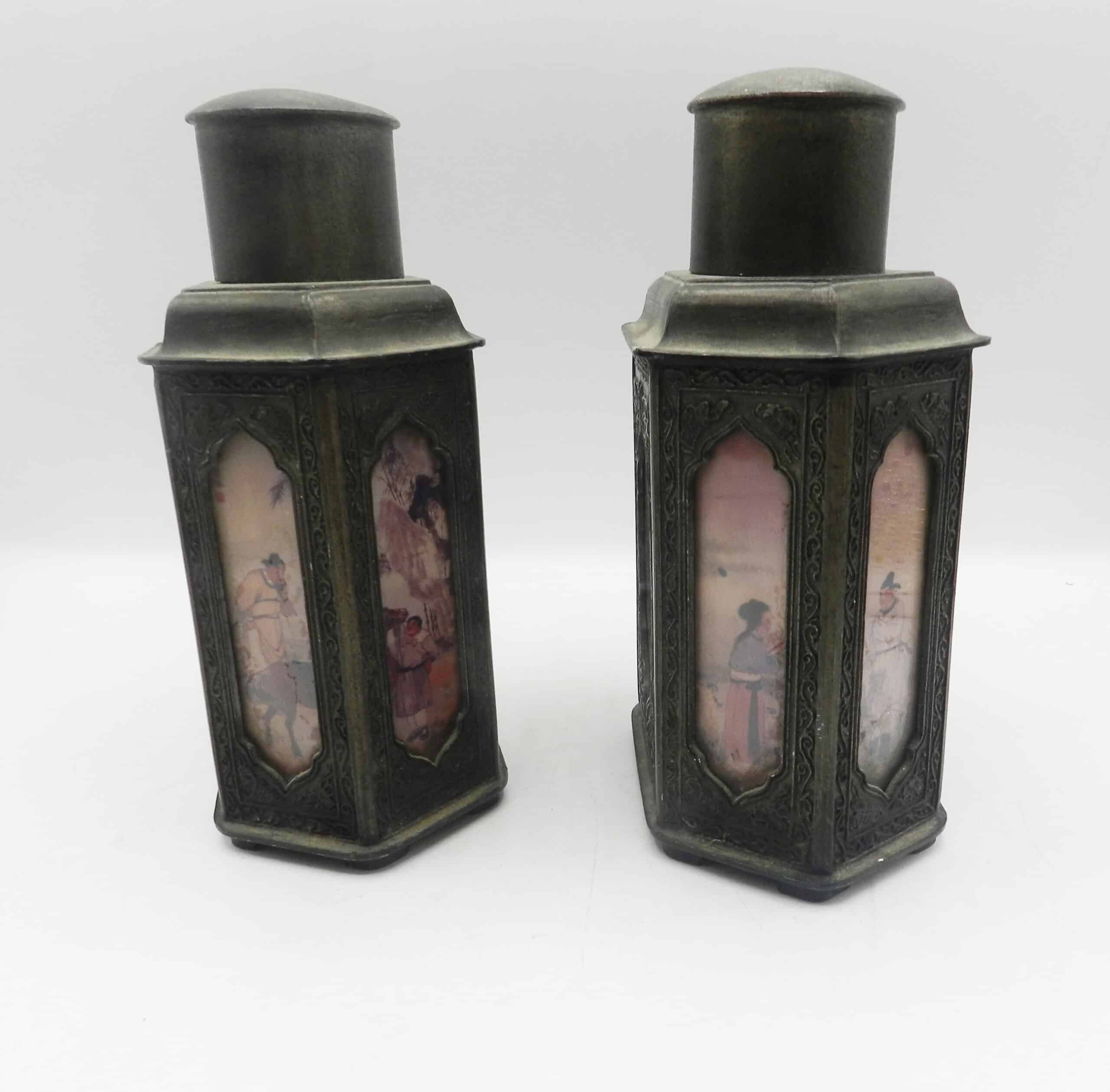 Pair Of Antique Chinese Pewter Reverse Glass Painted Tea Caddies - Image 2