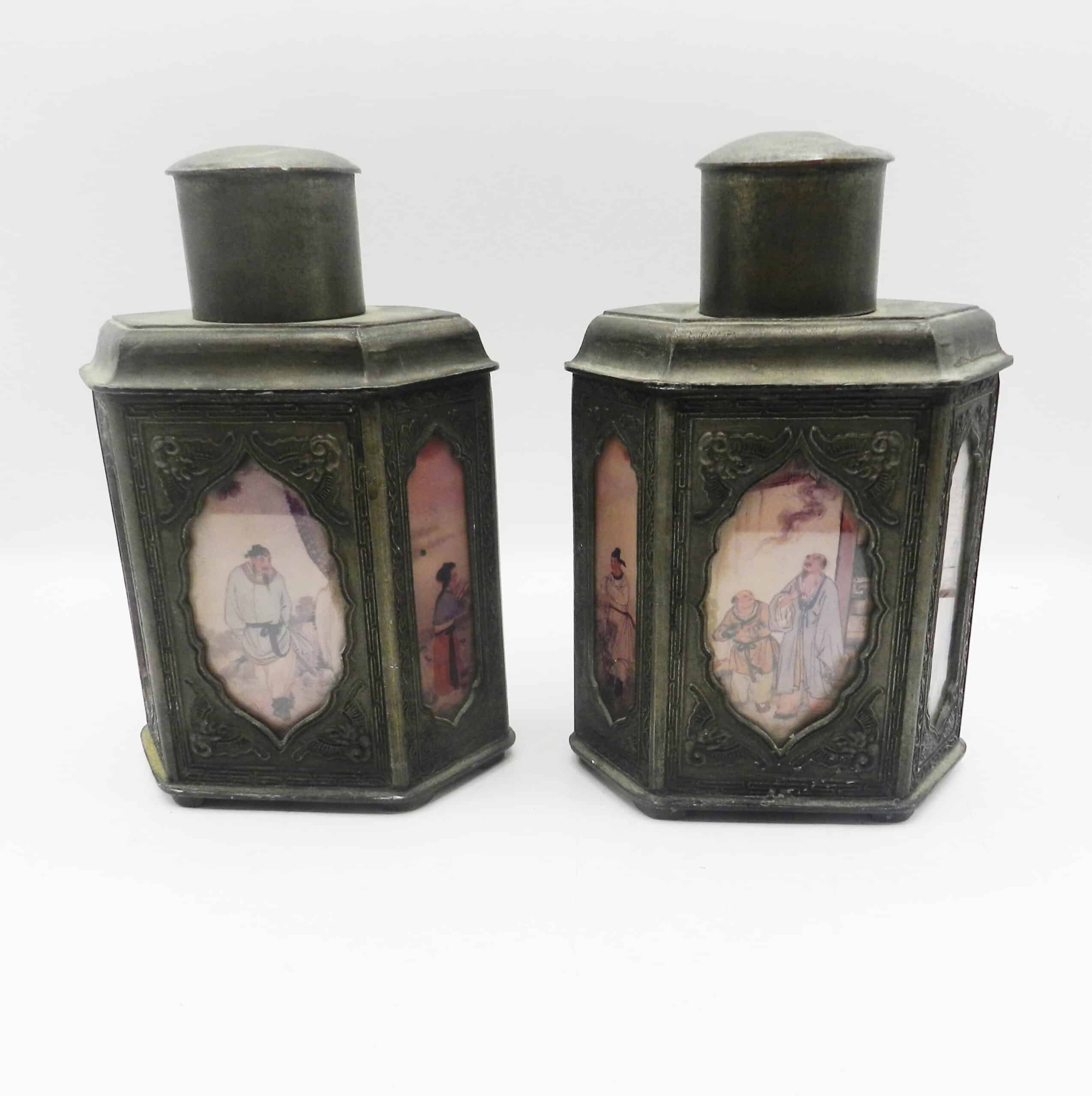 Pair Of Antique Chinese Pewter Reverse Glass Painted Tea Caddies - Image 3