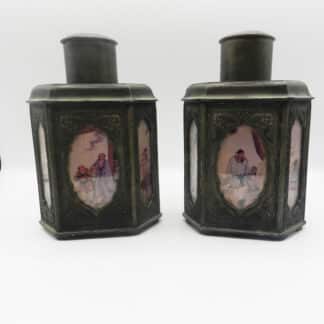 Pair Of Antique Chinese Pewter Reverse Glass Painted Tea Caddies