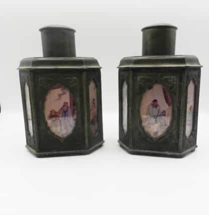 Pair Of Antique Chinese Pewter Reverse Glass Painted Tea Caddies
